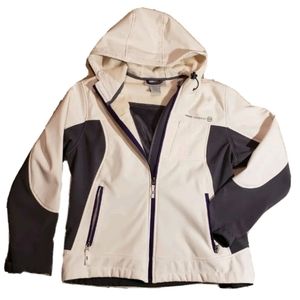 Spring Softshell Jacket Lined XL Ivory Gray Hooded Pockets EUC Free Country